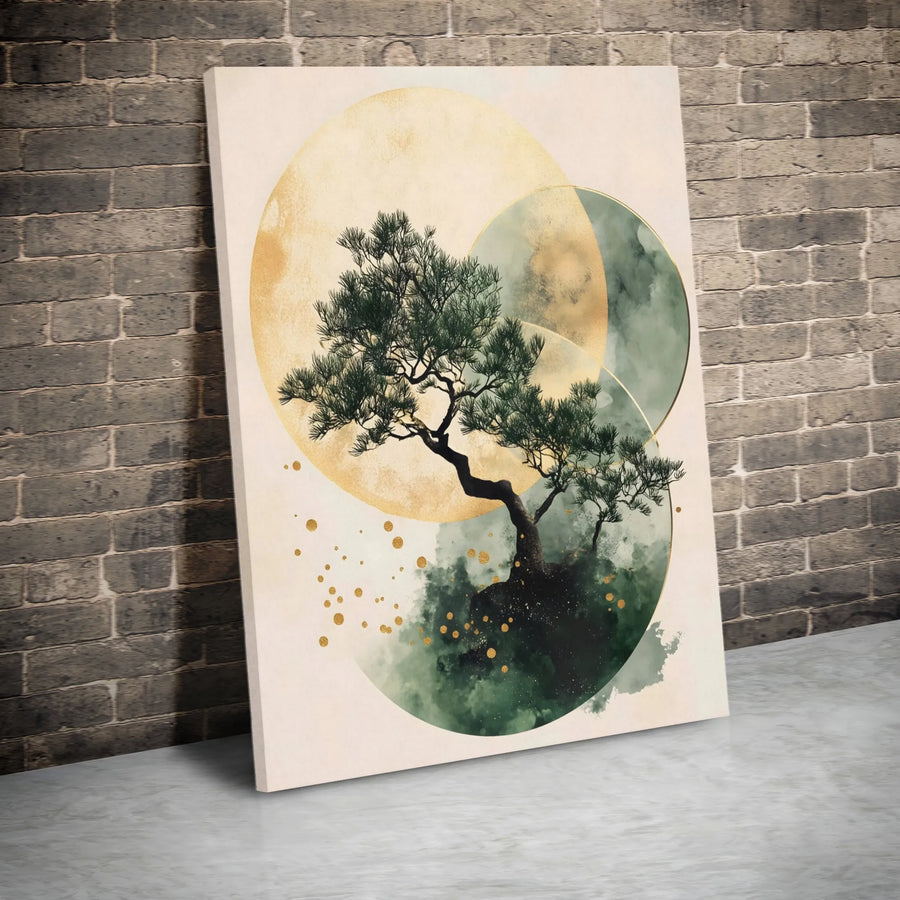 Bonsai Tree Canvas Wall Art | Japandi Abstract Gold and Green Circles | Premium Gallery-Wrapped Print | Minimalist Home Decor Gift