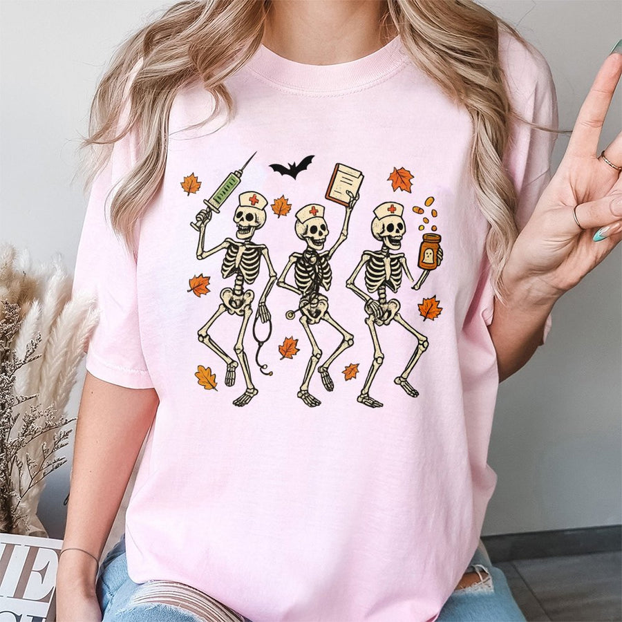 Halloween Nurse Skeleton T-Shirt | Dancing Spooky Fall Medical Design | 100% Cotton Premium Tee | RN Nurse Practitioner Halloween Gift