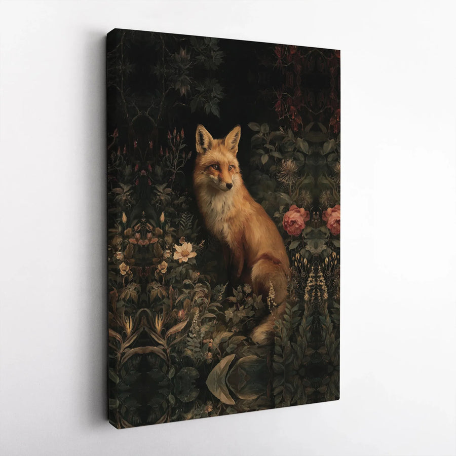 Vintage Fox Canvas Wall Art | Moody Botanical Forest Painting | Premium Gallery Wrapped Canvas | Cottagecore Home Decor Gift for Nature Lover