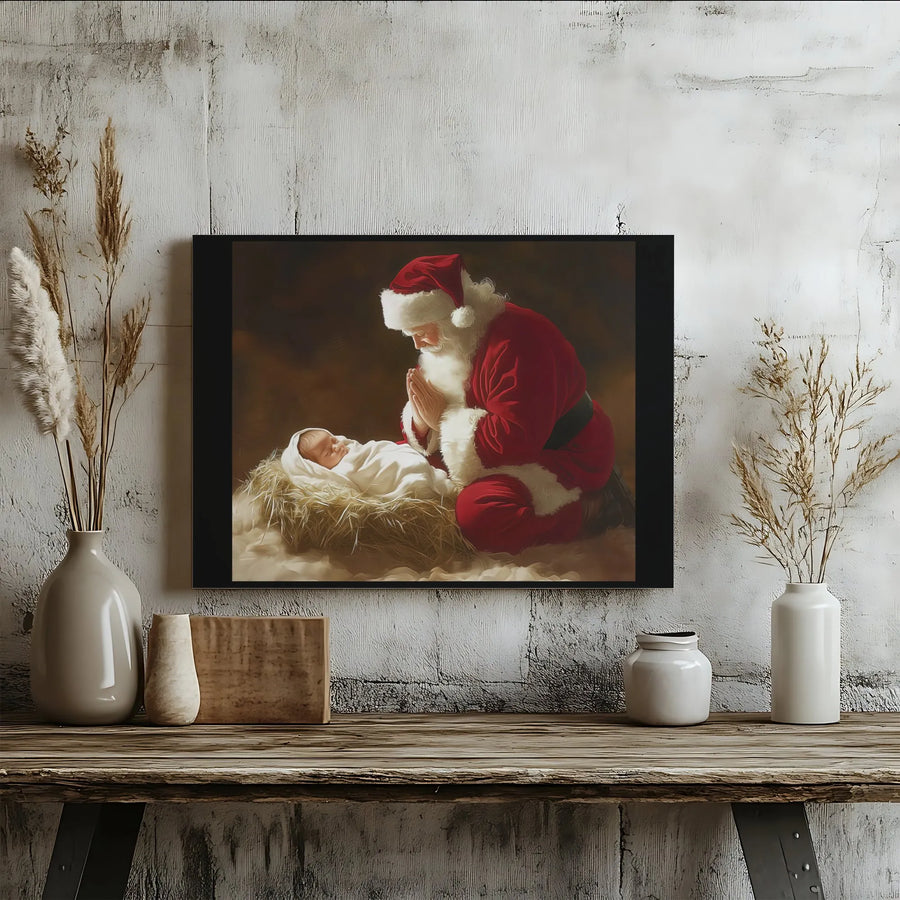 Santa Praying at Manger Canvas Print | Religious Christmas Nativity Wall Art | Gallery Wrapped Premium Canvas | Spiritual Holiday Home Decor Gift