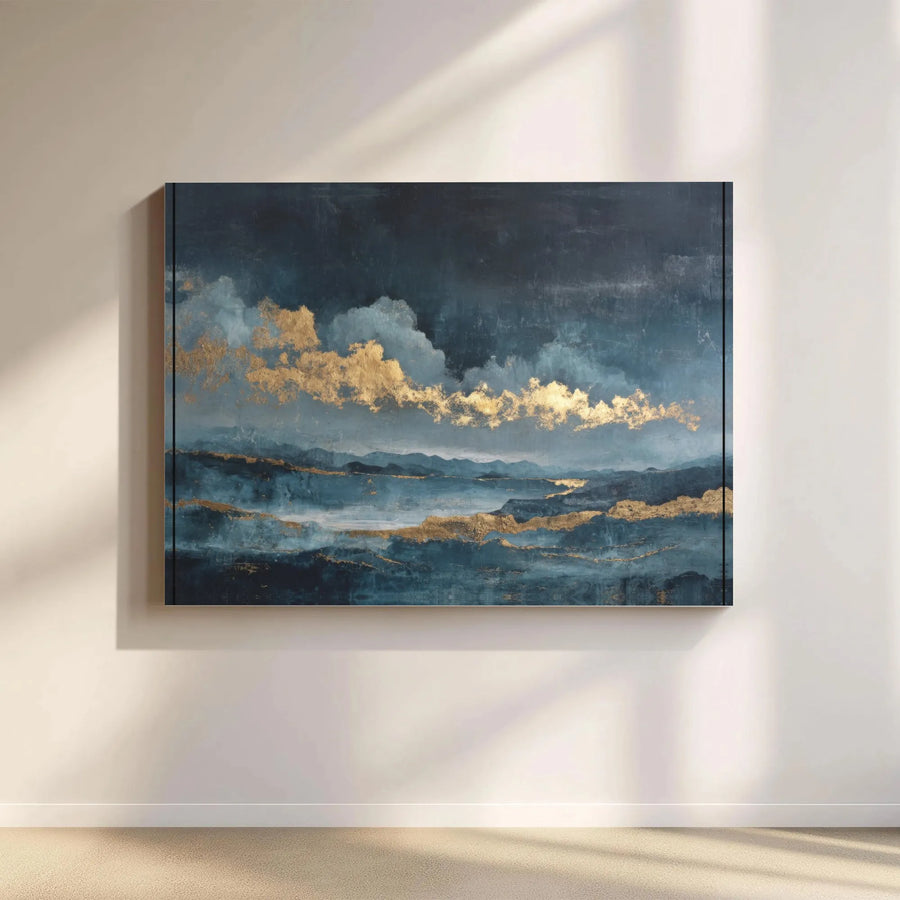 Abstract Landscape Canvas Wall Art | Teal and Gold Mountain Painting | Premium Fade-Resistant Print | Modern Living Room & Office Decor Gift