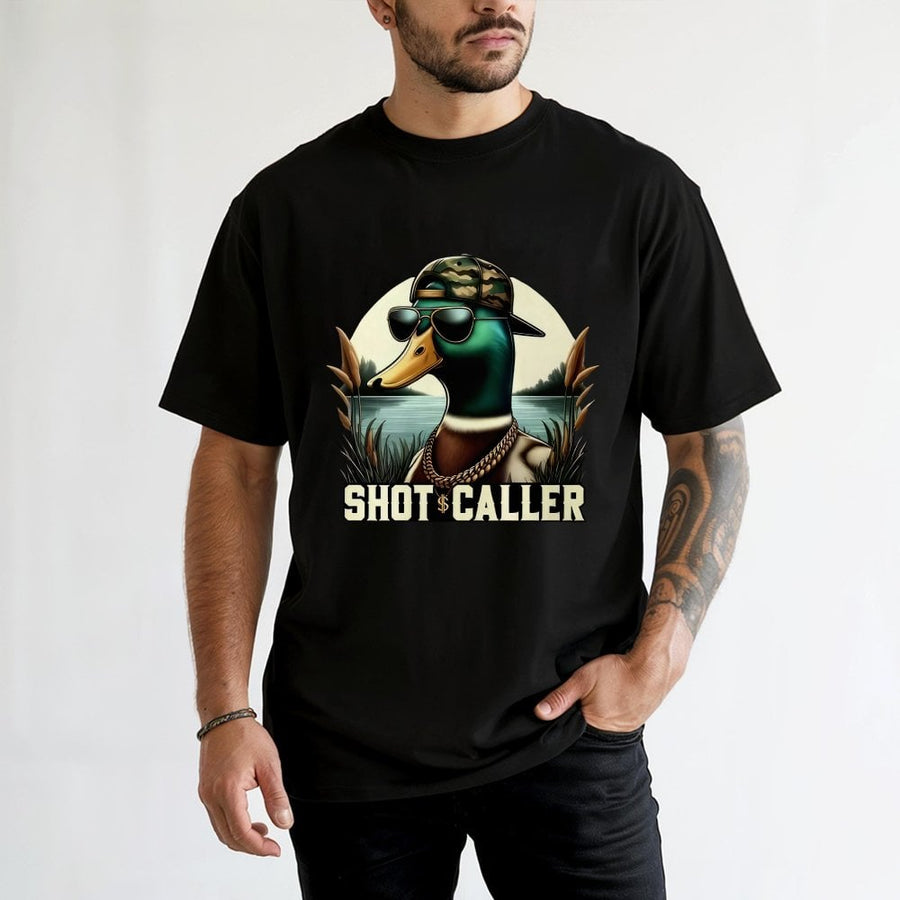 Shot Caller Duck T-Shirt | Funny Hunter Camo Hat Design | Premium 100% Cotton Tee | Gift for Duck Hunters and Outdoorsmen