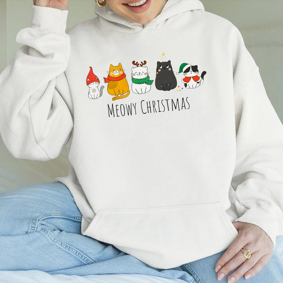 Meowy Christmas Cat Hoodie | Cute Holiday Kitty Graphic Design | Soft Cotton-Poly Blend | Funny Animal Lover Xmas Gift For Men And Women