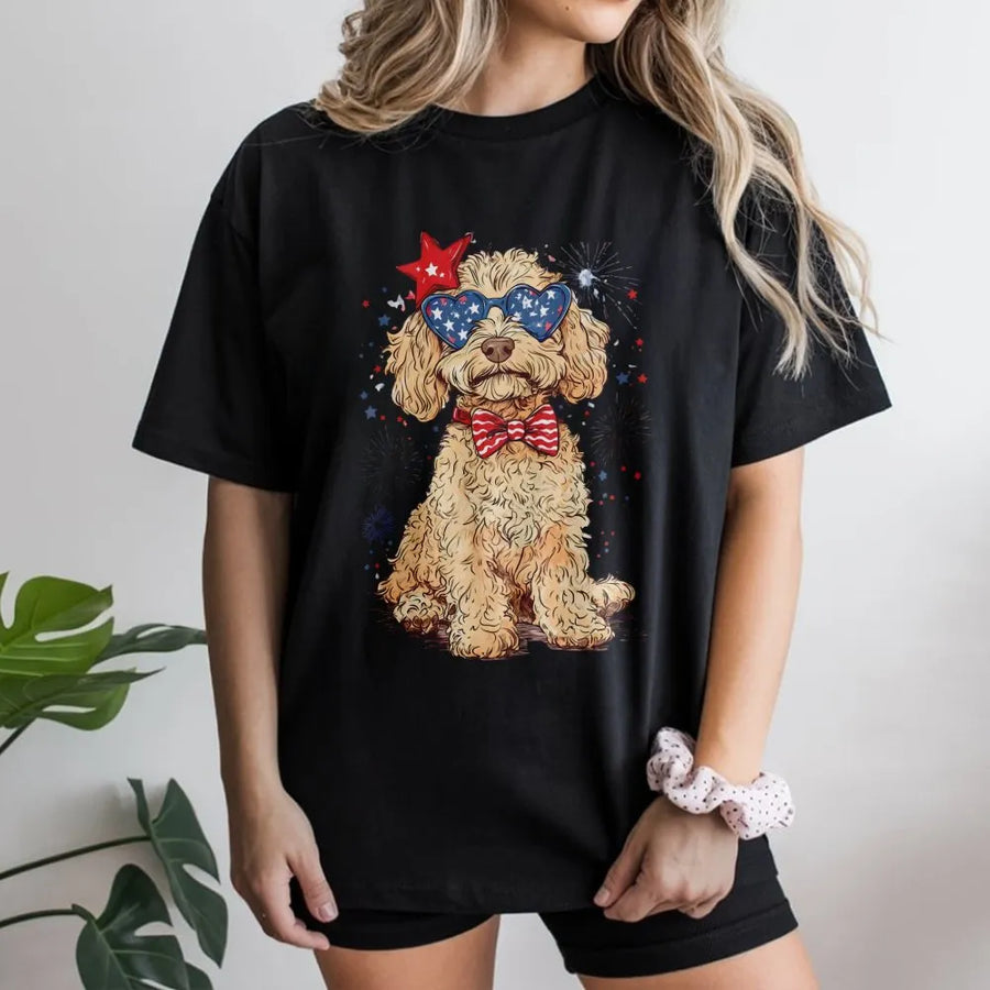 Goldendoodle T-Shirt | Patriotic Stars and Stripes Dog Lover Graphic | Premium Soft Cotton | 4th of July Independence Day Gift for Dog Mom Dad
