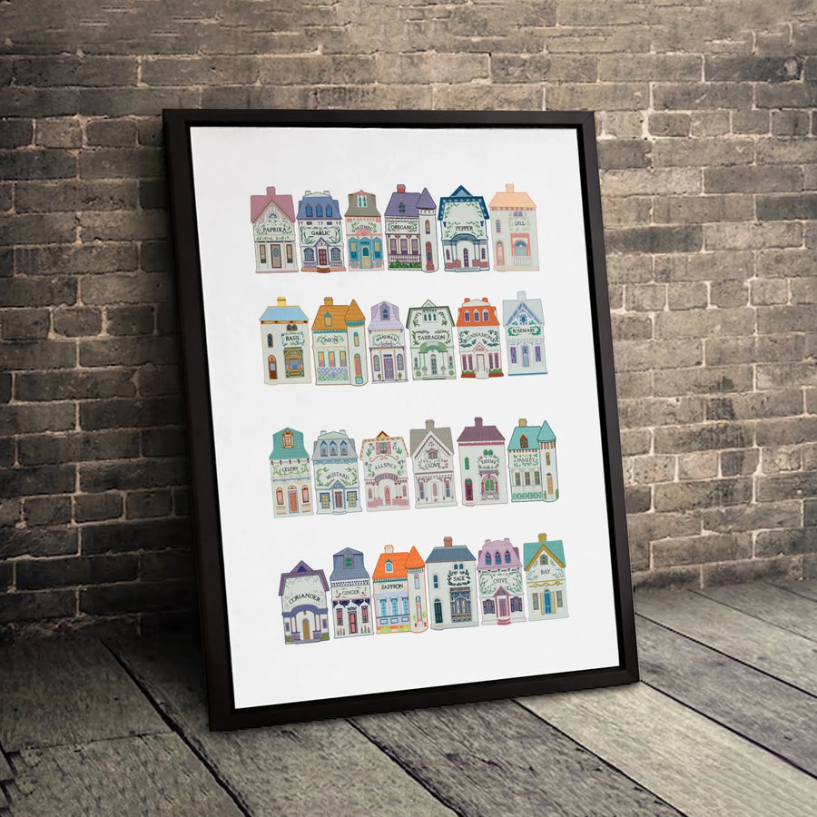 Spice Village Canvas Art | Whimsical Herb House Illustration | Premium Gallery Wrapped Print | Kitchen Wall Decor Gift