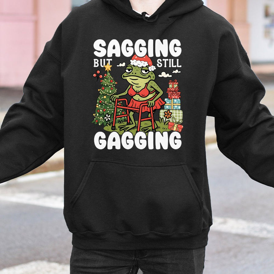 Funny Christmas Hoodie | Sagging But Still Gagging Frog Meme | Premium Cotton Blend Sweatshirt | Rude Adult Humor Holiday Gift for Friends