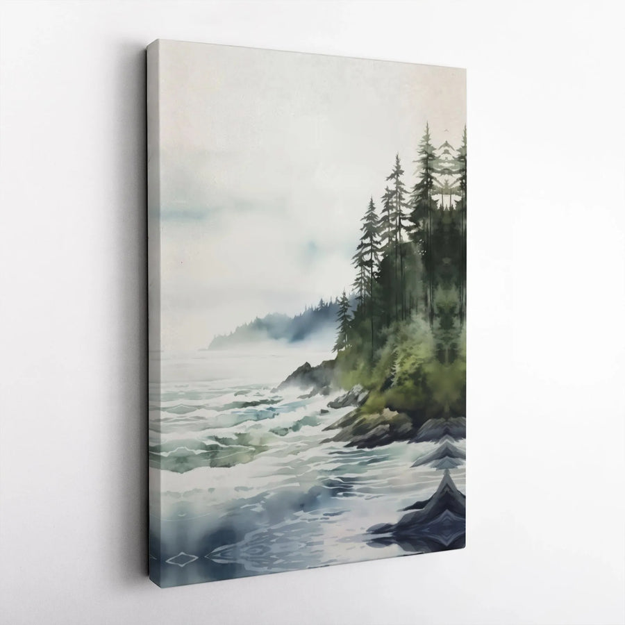 Misty Pine Forest Canvas Art | Watercolor Coastline Print | Gallery-Wrapped Premium Decor | Serene Nature Wall Art for Living Room