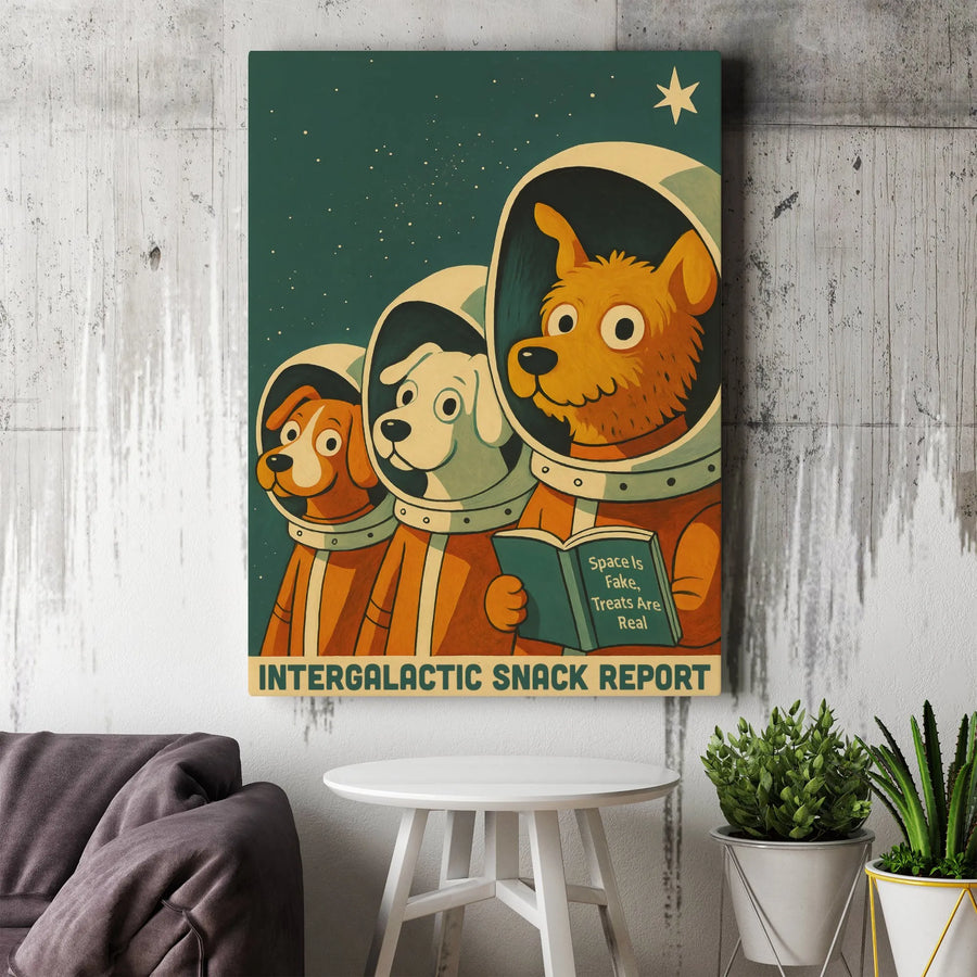 Astronaut Dog Canvas Wall Art | Funny Intergalactic Snack Report Poster | Gallery-Quality Premium Print | Unique Gift for Dog Lovers & Space Fans