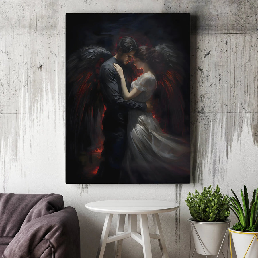 Dark Fantasy Angel Wall Art | Romantic Fallen Angel Embrace Canvas | Premium Gallery-Wrap Print | Gothic Bedroom Decor Gift for Couples