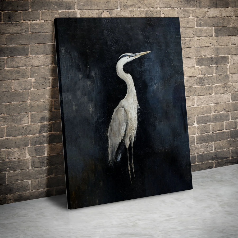 Great Blue Heron Wall Art | Moody Minimalist Bird Painting | Premium Fade-Resistant Canvas | Modern Nature Home Decor Gift