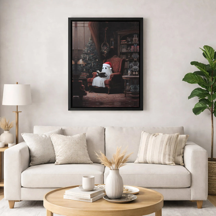 Ghost Reading Book Canvas | Festive Christmas Ghost in Santa Hat Wall Art | Premium Gallery-Wrapped Print | Cozy Holiday Decor Gift