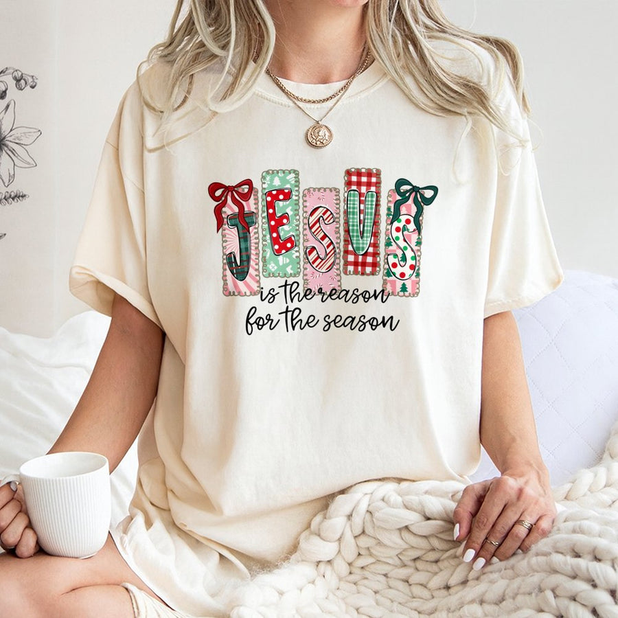 Jesus Is The Reason For The Season T-Shirt | Plaid Christmas Graphic Tee | 100% Cotton Premium Holiday Faith Apparel | Religious Gift For Christian Women