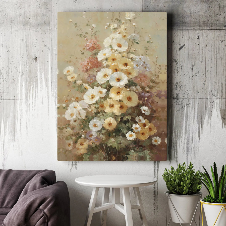Vintage Impressionist Flower Canvas Print | Cream And Yellow Floral Still Life | Gallery Quality 1.25 Inch Wrap | Elegant Home Decor Wall Art