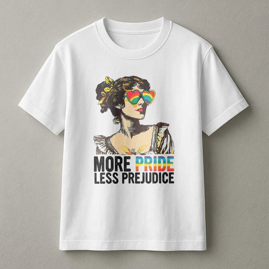 More Pride Less Prejudice T-Shirt | Rainbow Heart Sunglasses Graphic | 100% Cotton Premium Tee | LGBTQ Pride Month Gift for Ally