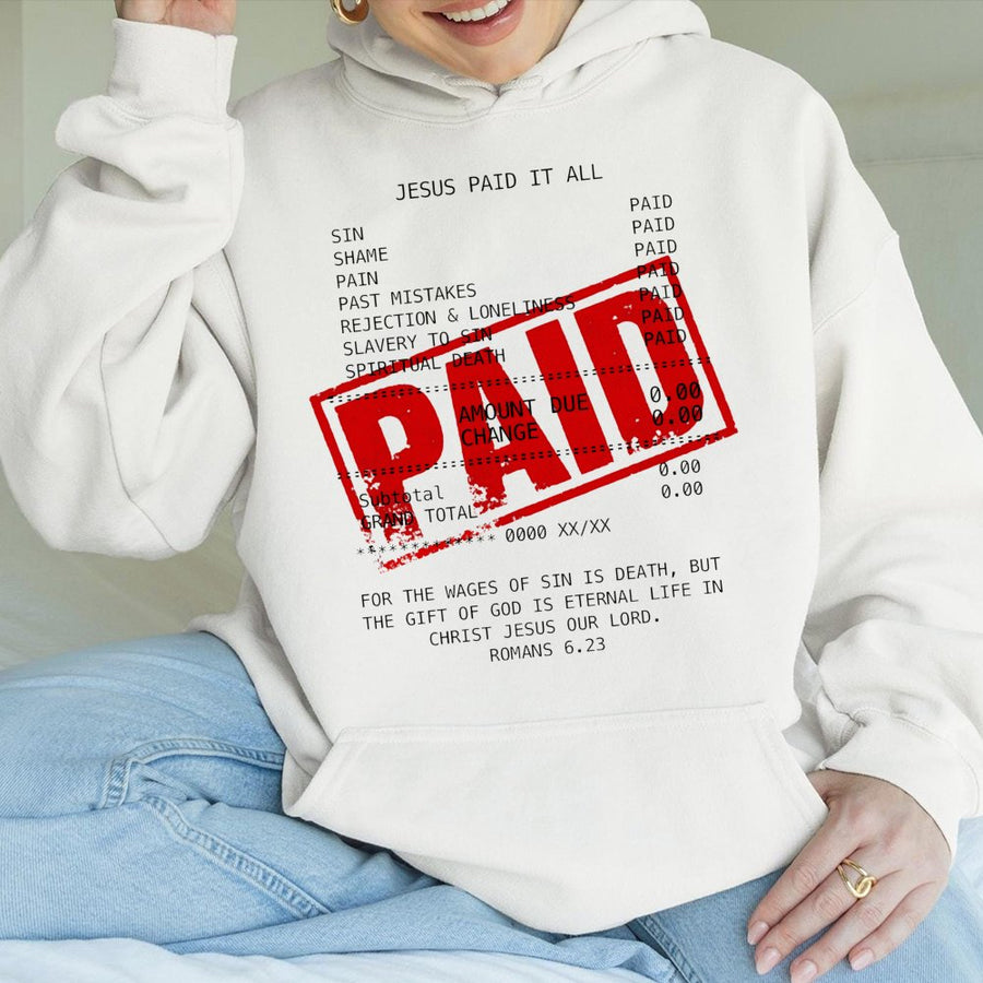 Jesus Paid It All Hoodie | Christian Receipt Design Graphic | Premium Cotton Blend Unisex Sweatshirt | Inspirational Religious Gift for Believers