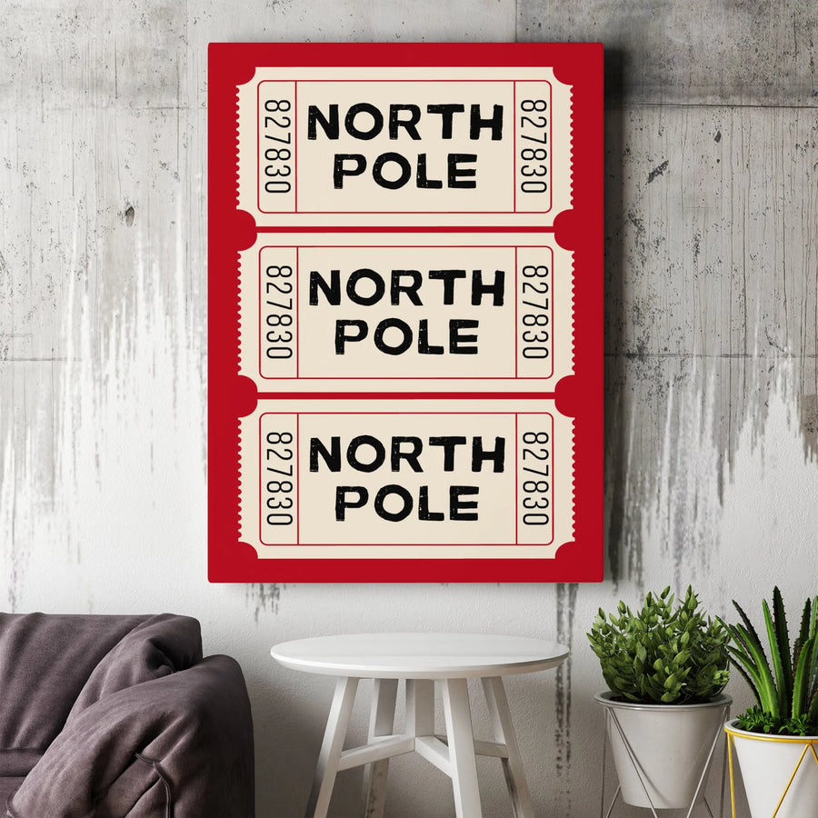 North Pole Ticket Wall Art | Vintage Christmas Admit One Print | Gallery Wrapped Canvas | Festive Holiday Home Decor Gift