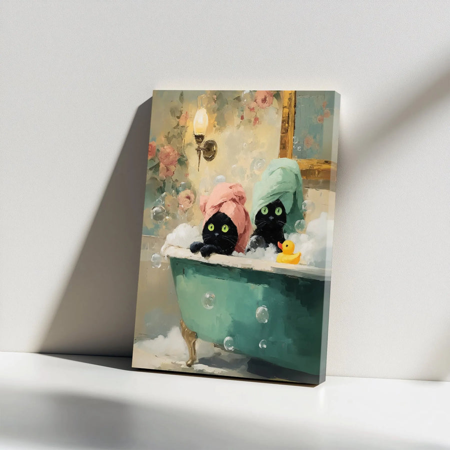 Funny Black Cat Canvas Wall Art | Cats in Bathtub Oil Painting Style | Premium Gallery Wrapped Canvas | Bathroom Decor Gift for Cat Lover