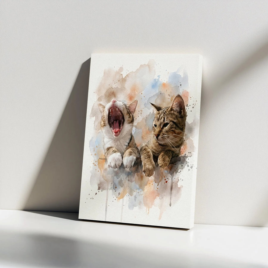 Two Tabby Cats Canvas Print | Watercolor Yawning Kittens Wall Art | Gallery-Wrapped Premium Decor | Unique Animal Lover Gift for Home Office