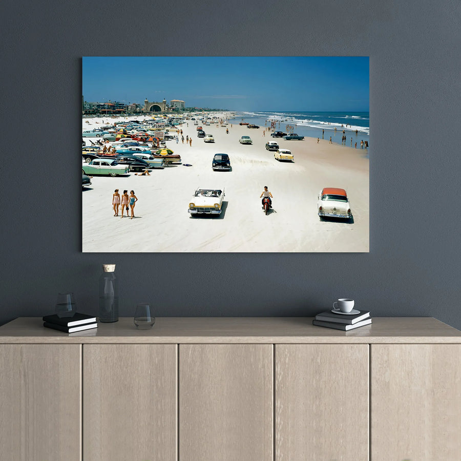Daytona Beach Canvas Print | Vintage 1950s Cars Retro Beach Scene | Premium 1.25 Inch Gallery Wrap | Nostalgic Florida Wall Art Decor