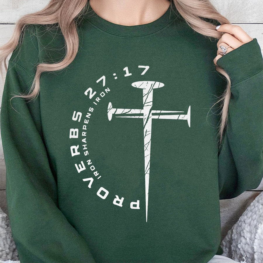 Proverbs 27:17 Sweatshirt | Iron Sharpens Iron Nail Cross Design | Premium Cotton Blend Faith Apparel | Christian Gift For Men And Women