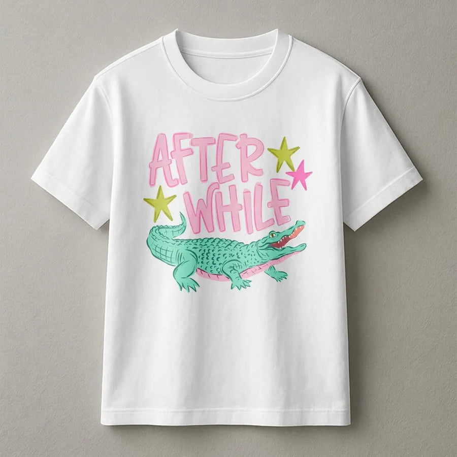 After While Crocodile T-Shirt | Funny Cartoon Alligator Graphic Tee | Soft Cotton Unisex Top | Retro Animal Pun Novelty Gift