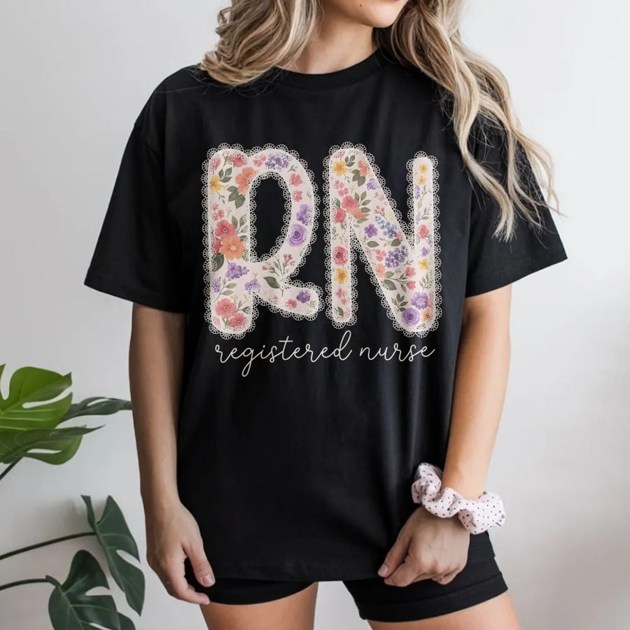 Registered Nurse T-Shirt | Floral Print RN with Lace Detail | Cozy Cotton Blend | Nursing School Graduation Gift for Her