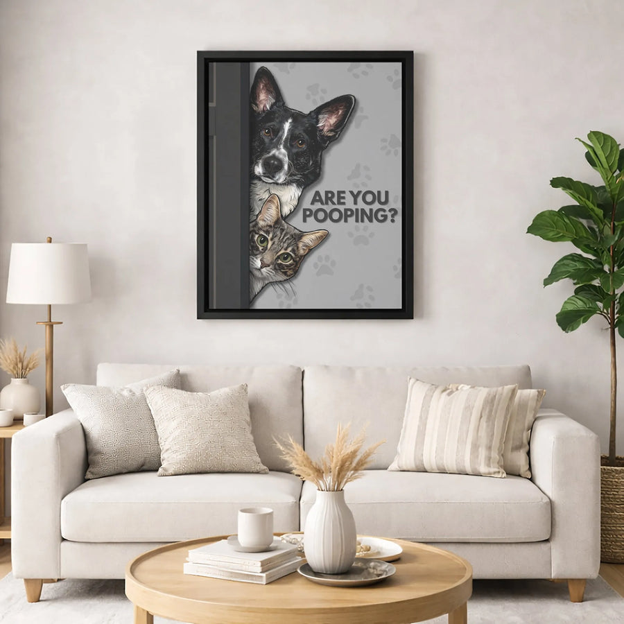 Are You Pooping? Funny Bathroom Wall Art | Peeking Dog And Cat Portrait | 1.25 Inch Premium Canvas | Humorous Home Decor Gift For Pet Lovers