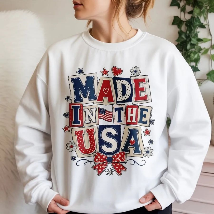 Patriotic USA Sweatshirt | Coquette Collage Made in USA Graphic | Premium Cotton Blend | 4th of July Independence Day Gift for Men & Women