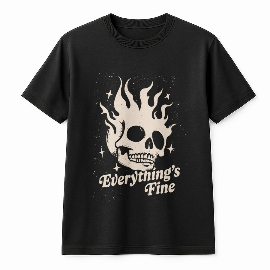 Everything Is Fine Graphic T-Shirt | Sarcastic Burning Skull Design | Premium Cotton Retro Style | Edgy Gift for Goth and Alt Fashion Lovers
