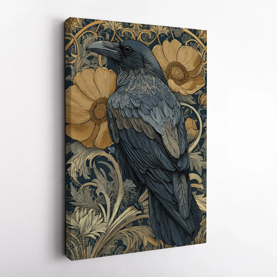 Art Nouveau Raven Wall Art | Dark Academia Floral Botanical Print | Premium Gallery-Wrapped Canvas | Gothic Home Decor Gift