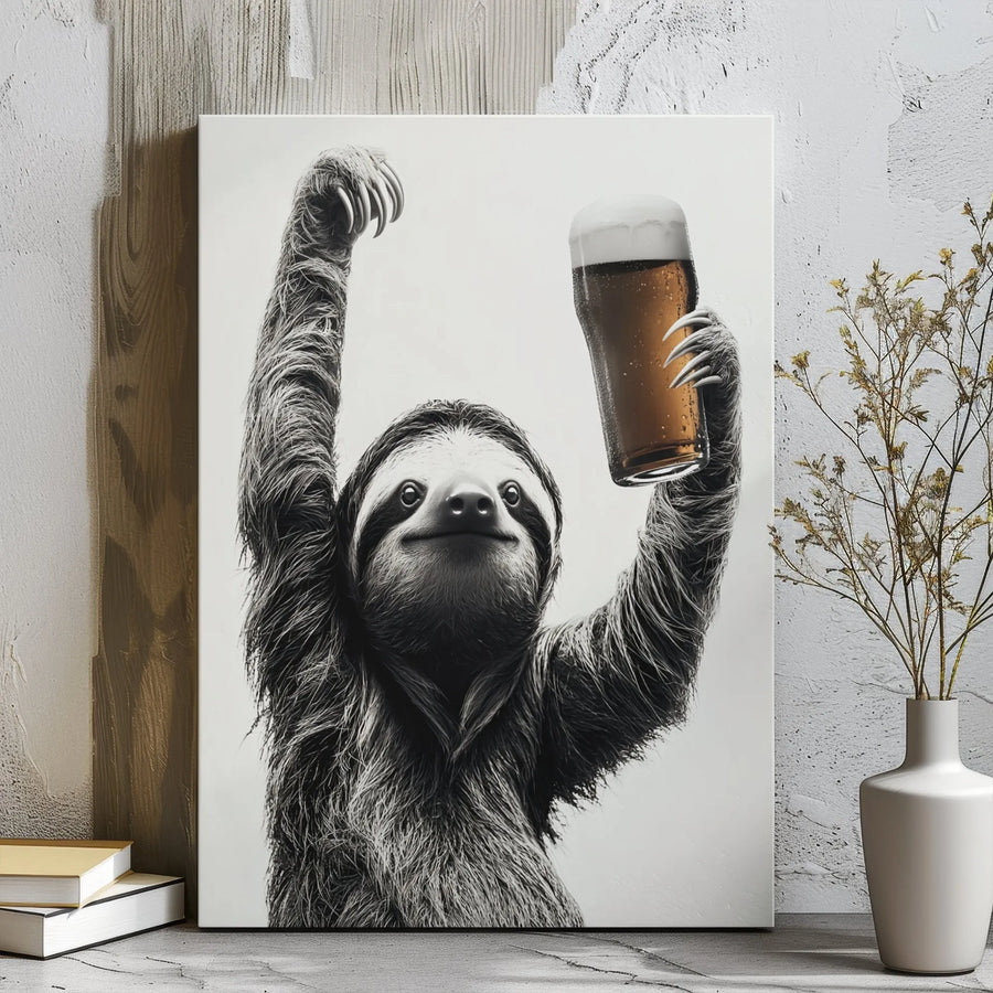 Funny Sloth Wall Art | Monochrome Beer Pint Canvas Print | Premium Gallery Wrap Decor | Unique Gift For Beer Lovers And Sloth Enthusiasts