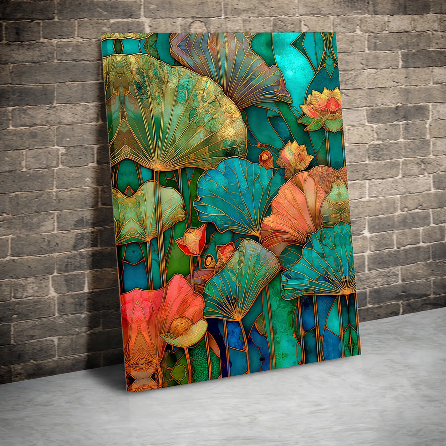 Art Nouveau Lotus Canvas Print | Stained Glass Style Botanical Art | Thick Gallery Wrapped Canvas | Modern Zen Wall Decor Gift