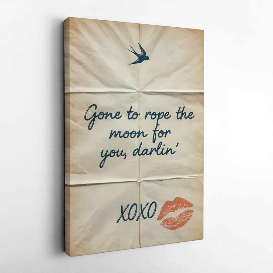 Romantic Quote Canvas Wall Art | Vintage 'Rope The Moon' Love Note Design | Premium Gallery Wrapped Print | Anniversary Gift for Her, Bedroom Decor