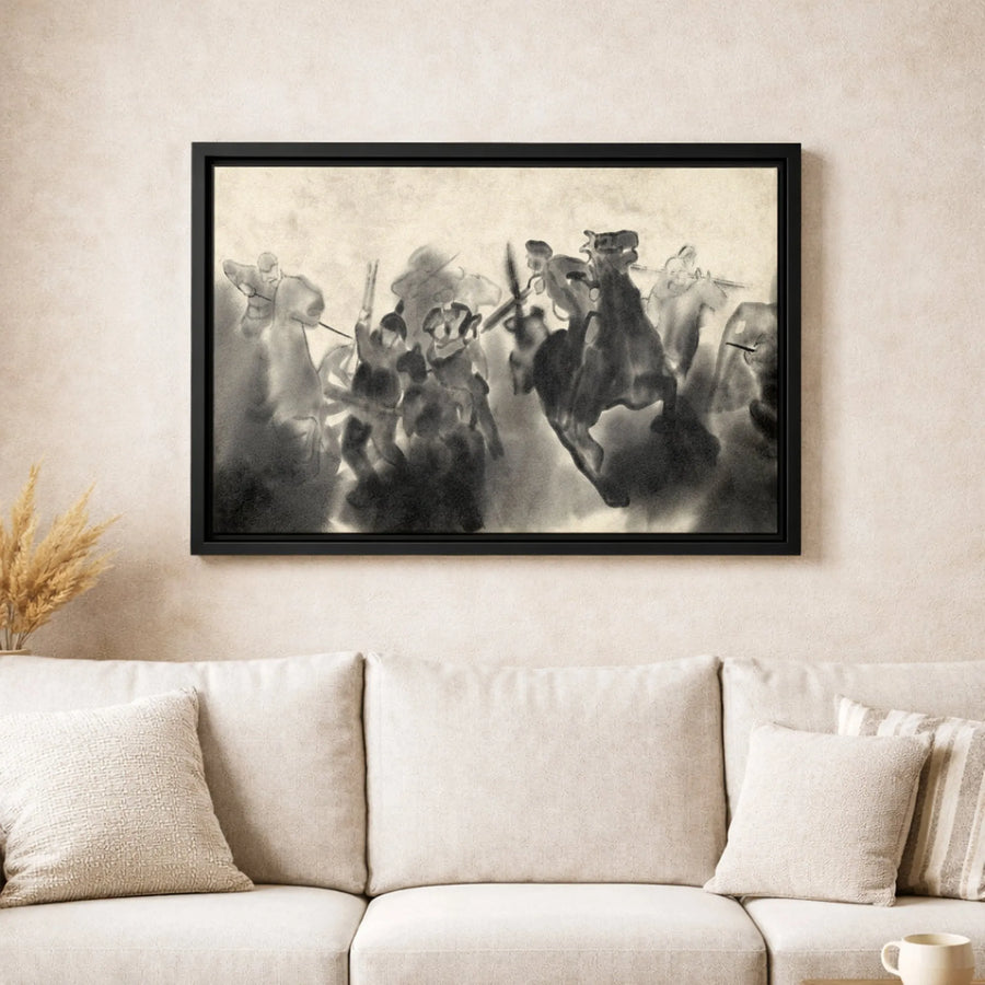 Warriors on Horseback Canvas Print | Abstract Ink Wash Battle Scene | Premium Gallery-Wrapped Wall Art | Historical Military Decor Gift