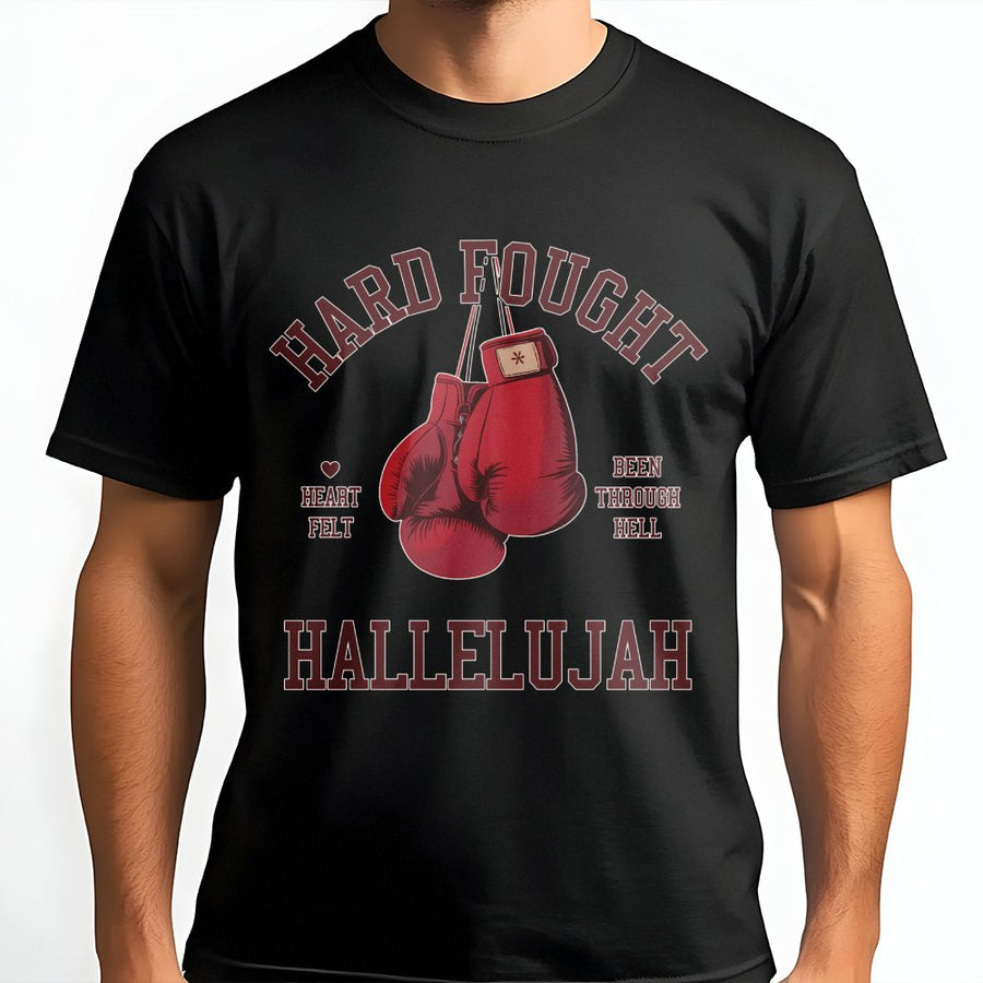 Hard Fought Hallelujah T-Shirt | Christian Boxing Faith Graphic Tee | Premium 100% Cotton | Religious Gift for Men and Women