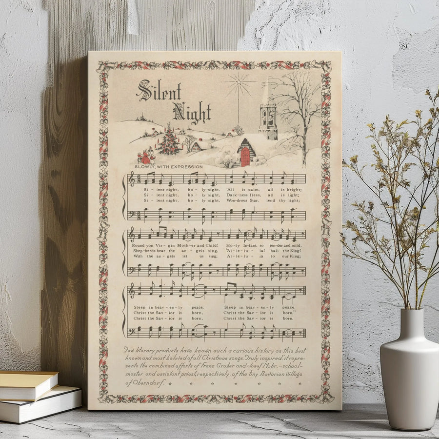 Silent Night Christmas Carol Canvas Art | Vintage Sheet Music Wall Decor | Premium Gallery Wrap Print | Religious Holiday Gift for Music Lovers