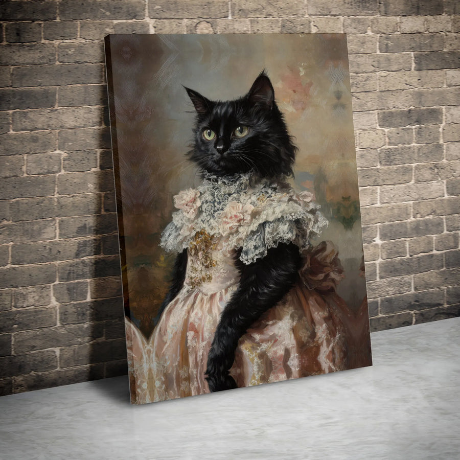 Regal Black Cat Wall Art | Victorian Dress Portrait Oil Painting Style | Premium Gallery Canvas | Unique Pet Lover Gift & Home Decor
