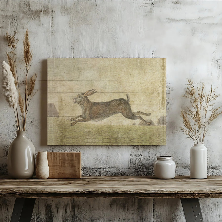 Vintage Running Hare Canvas Print | Rustic Wood Grain Woodland Art | Premium 1.25-Inch Gallery Wrap | Nature-Inspired Home Decor Gift