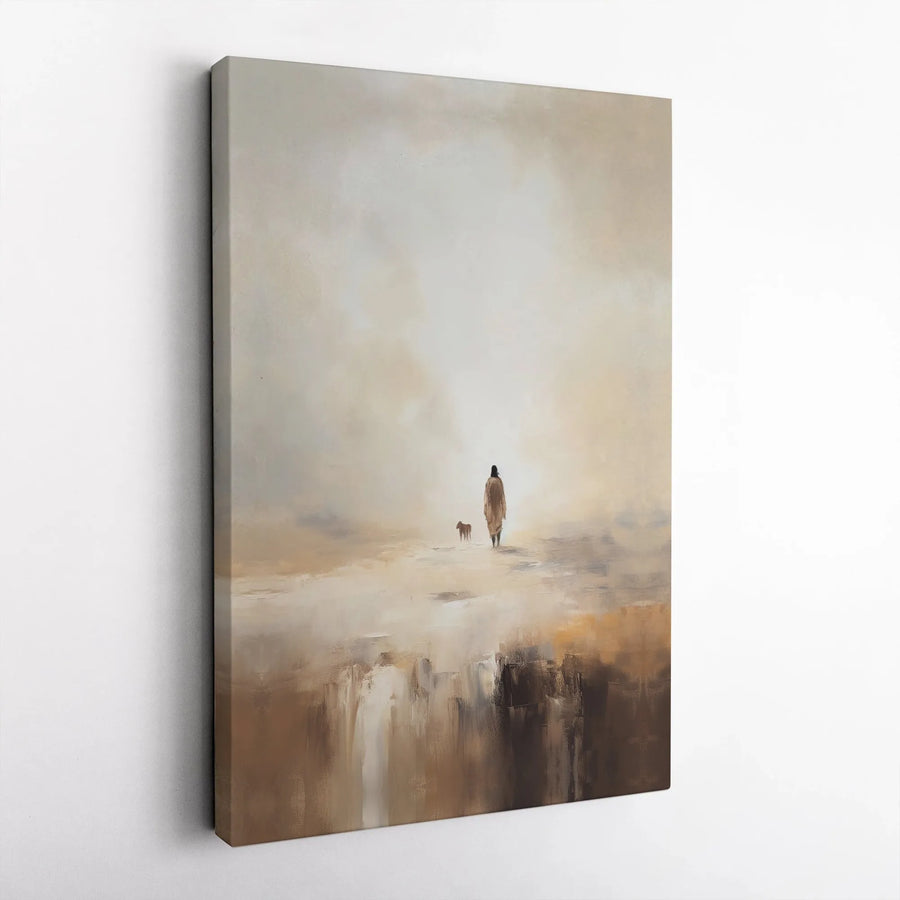 Misty Landscape Canvas Wall Art | Walking Figure And Dog Silhouette | 1.25-Inch Gallery Wrap Profile | Modern Minimalist Home Decor Gift