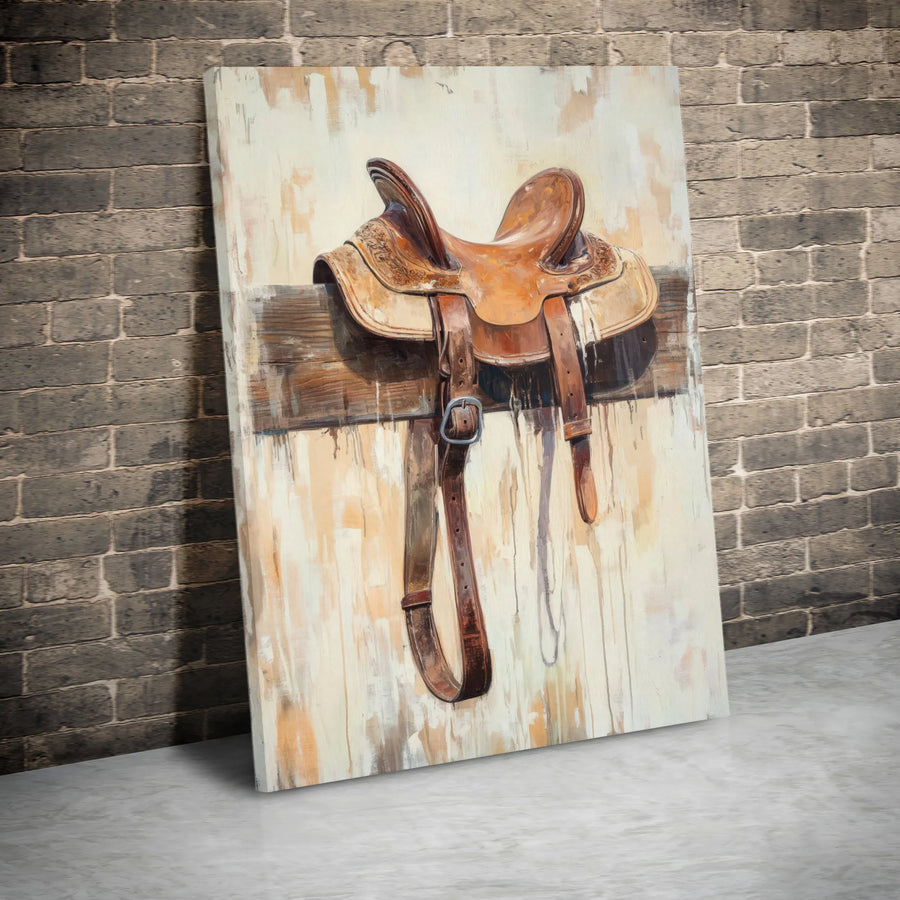 Rustic Horse Saddle Canvas | Vintage Western Farmhouse Painting | Premium Gallery Wrapped Art | Gift for Cowboy or Horse Lover