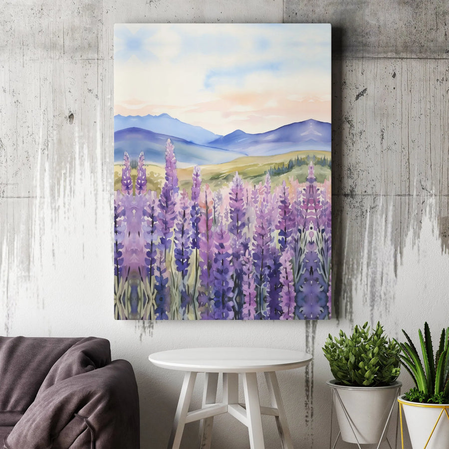 Lavender Field Canvas Wall Art | Watercolor Mountain Landscape Print | Premium 1.25-Inch Gallery Wrap | Peaceful Floral Home Decor Gift