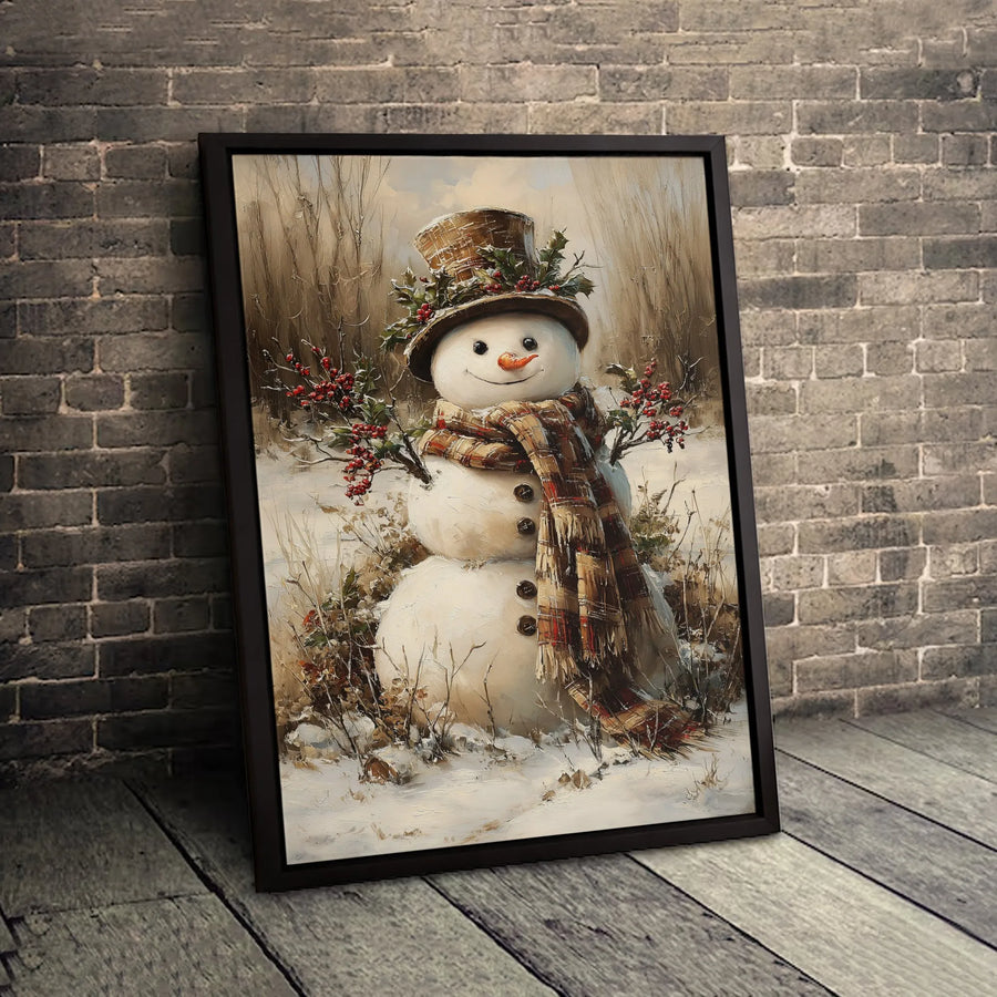 Rustic Snowman Canvas Art | Vintage Winter Holiday Painting | Premium Fade-Resistant Gallery Print | Festive Farmhouse Christmas Wall Decor