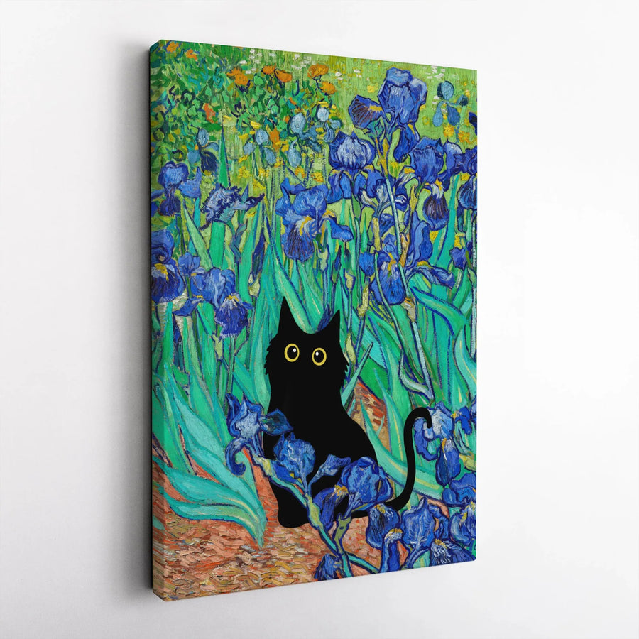 Black Cat Van Gogh Canvas | "Irises" Painting Parody with Funny Cat | Premium Thick Gallery Wrap | Collector's Gift for Art Lovers