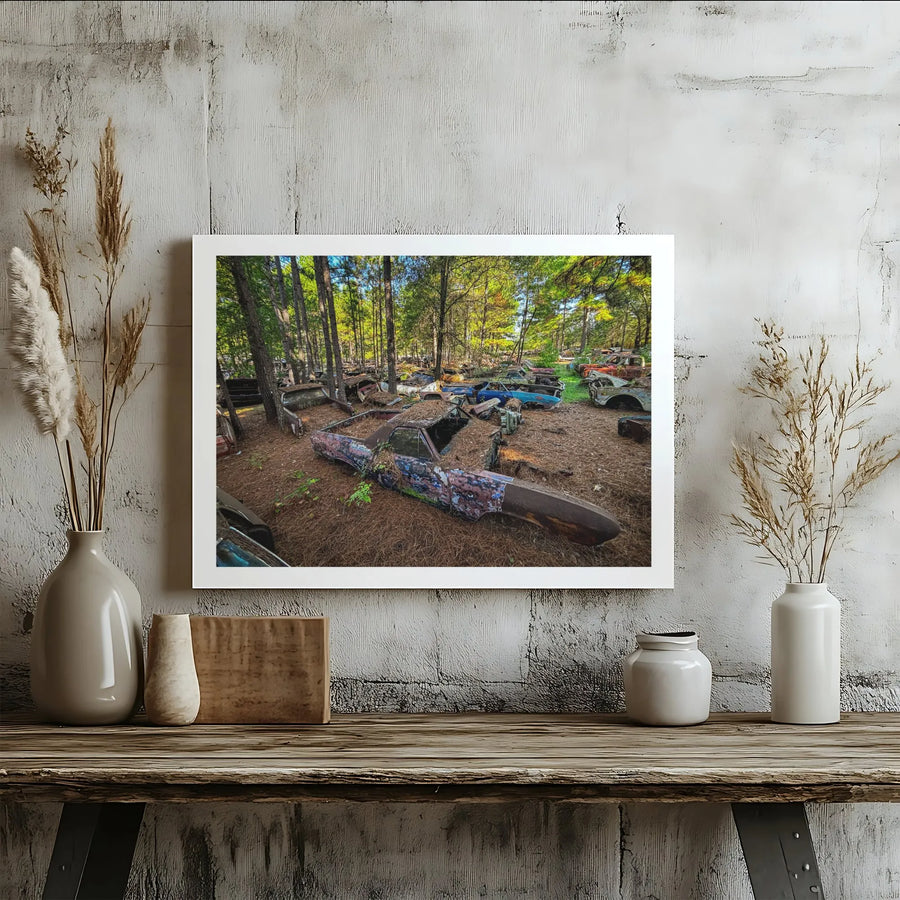 Abandoned Muscle Car Canvas | Vintage Car Graveyard Forest Wall Art | Premium Gallery Wrapped Print | Gift for Classic Car Enthusiasts