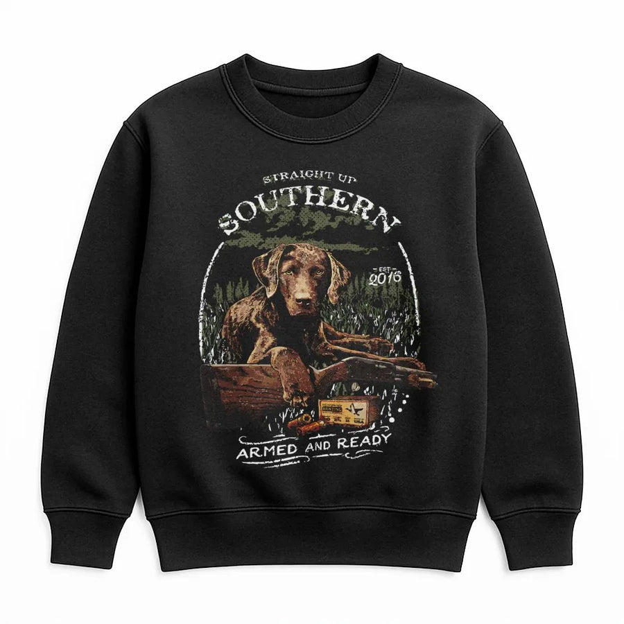 Southern Hunting Dog Sweatshirt | Retriever Field Art Graphic Print | Premium Cotton Blend Crewneck | Gift For Outdoorsman And Hunter