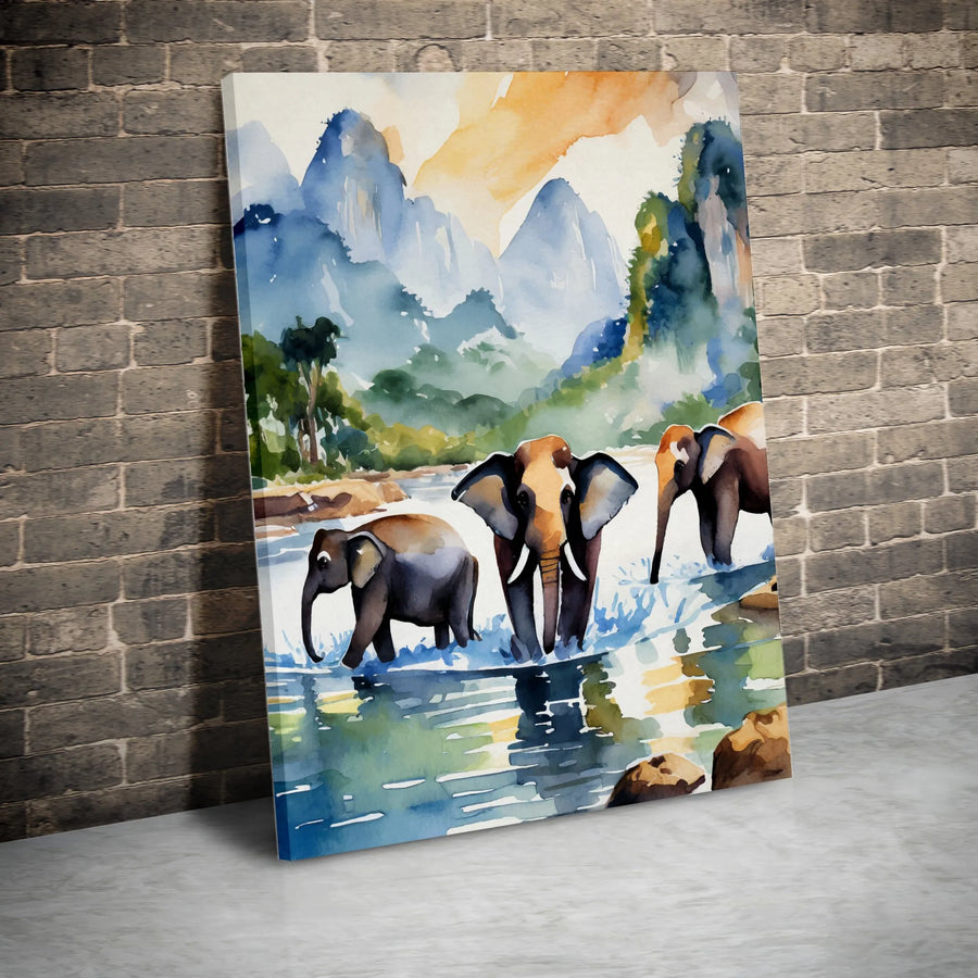 Watercolor Elephant Canvas Wall Art | Mountain River Landscape Painting | Gallery Wrapped Premium Print | Wildlife Home Decor Gift for Animal Lovers