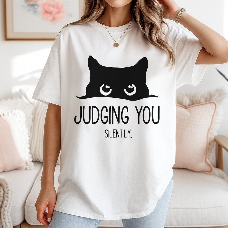 Judging You Silently Black Cat T-Shirt | Peeking Kitten Graphic Tee | 100% Cotton Premium Quality | Funny Animal Lover Gift For Cat Mom