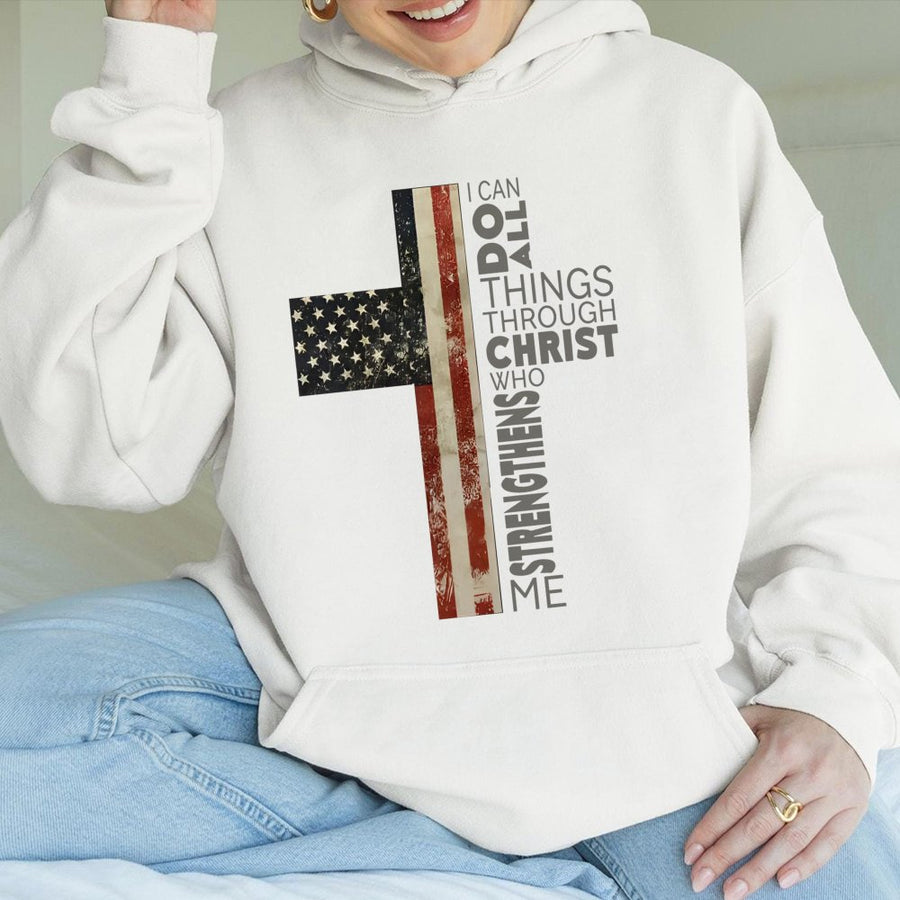 American Flag Cross Hoodie | I Can Do All Things Through Christ Verse | Premium Cotton Blend | Christian Religious Faith Gift for Men and Women