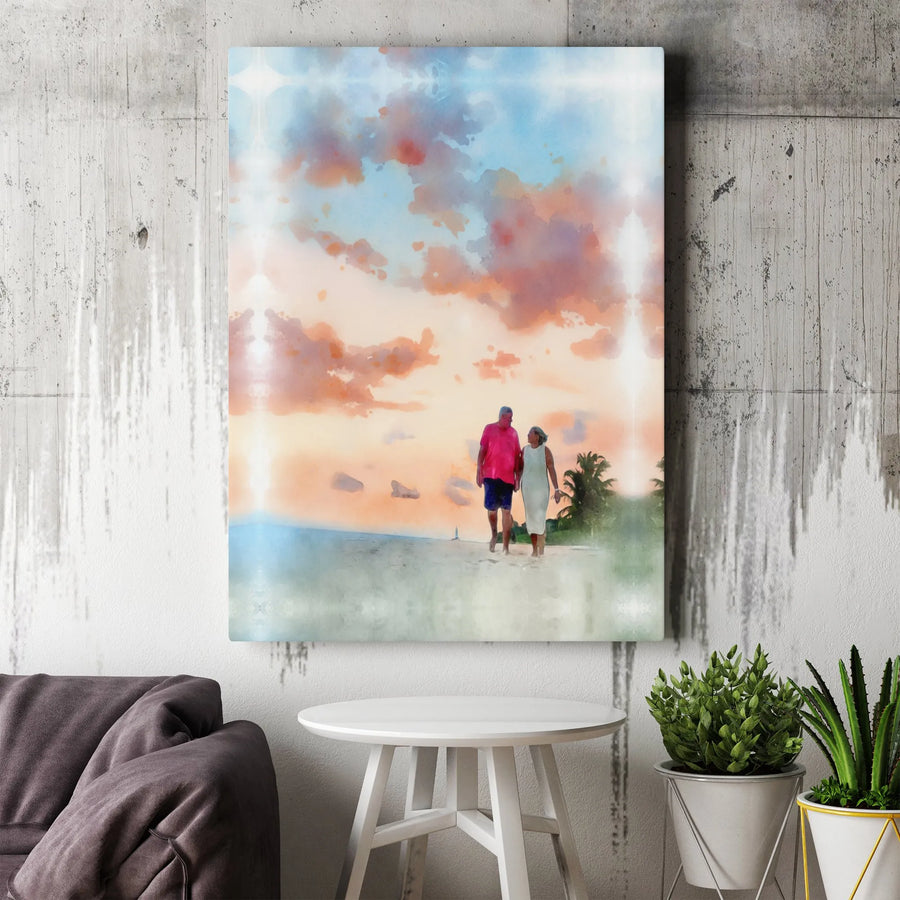 Elderly Couple Beach Sunset Canvas | Romantic Watercolor Wall Art | Premium Gallery-Wrapped Print | Meaningful Anniversary Gift for Parents