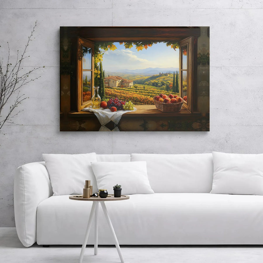 Tuscan Vineyard Window Canvas Print | Italian Countryside Landscape Wall Art | Premium Gallery-Wrapped Decor | Gift for Wine Lovers